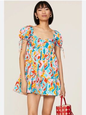 Amanda Uprichard Multi-Color Puff Sleeve Mini Dress - Turquoise, Pink & Orange